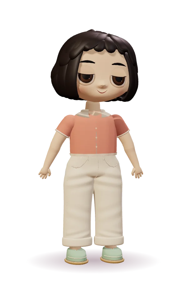 Aiko in korallenroter Bluse mit dunklem Bob