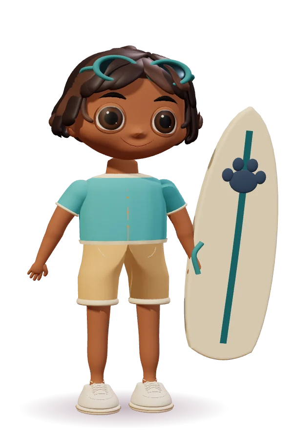 Jonas in Shirt und Shorts, das Surfbrett in der Hand