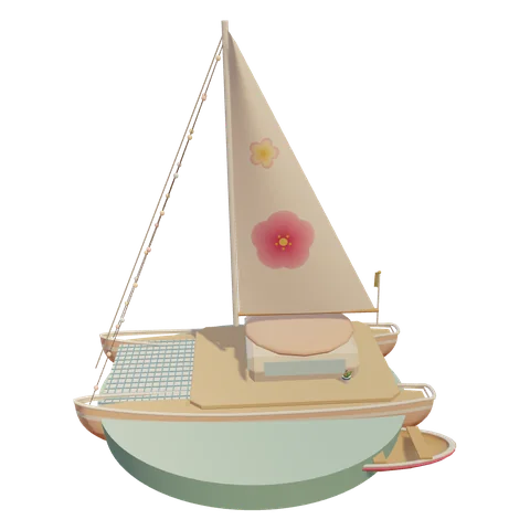 Ein kleines Segelboot mit Hibiskus-Segel auf dem Wasser